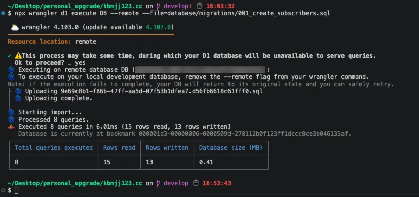 D1 migration execution output showing both tables created successfully