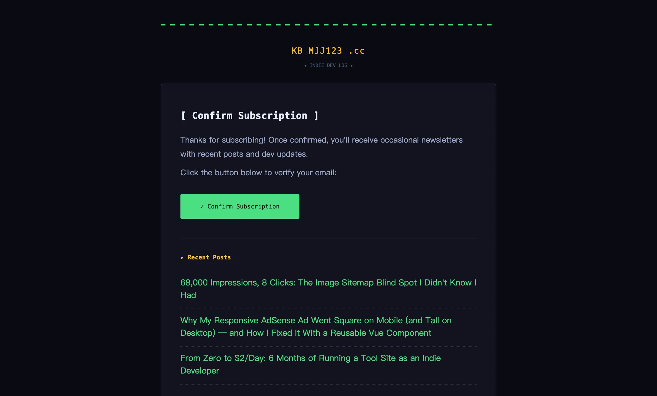 Verification email as it appears in Gmail: pixel-themed layout with green dashed border and confirmation button