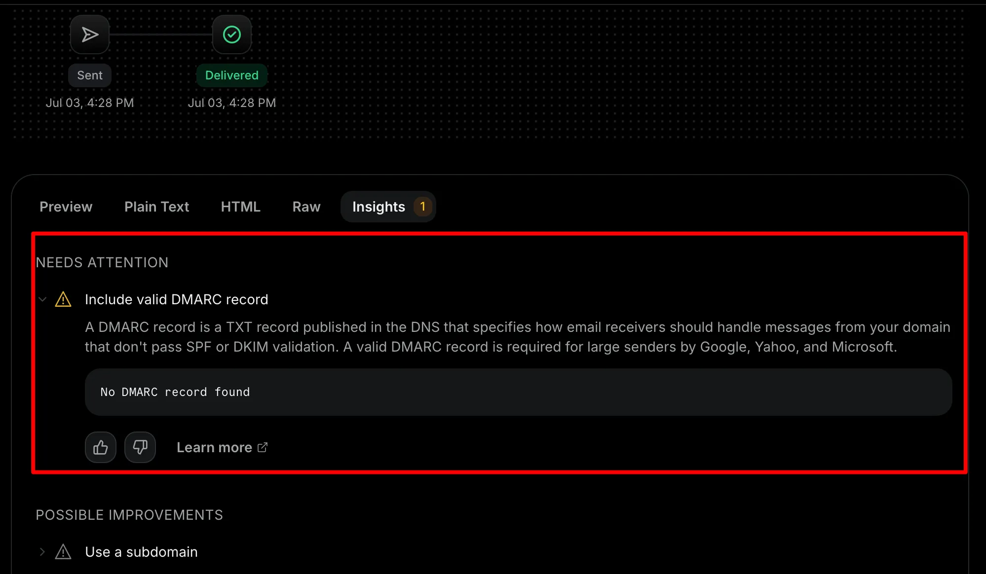 Gmail "Needs attention" warning showing the DMARC record missing alert