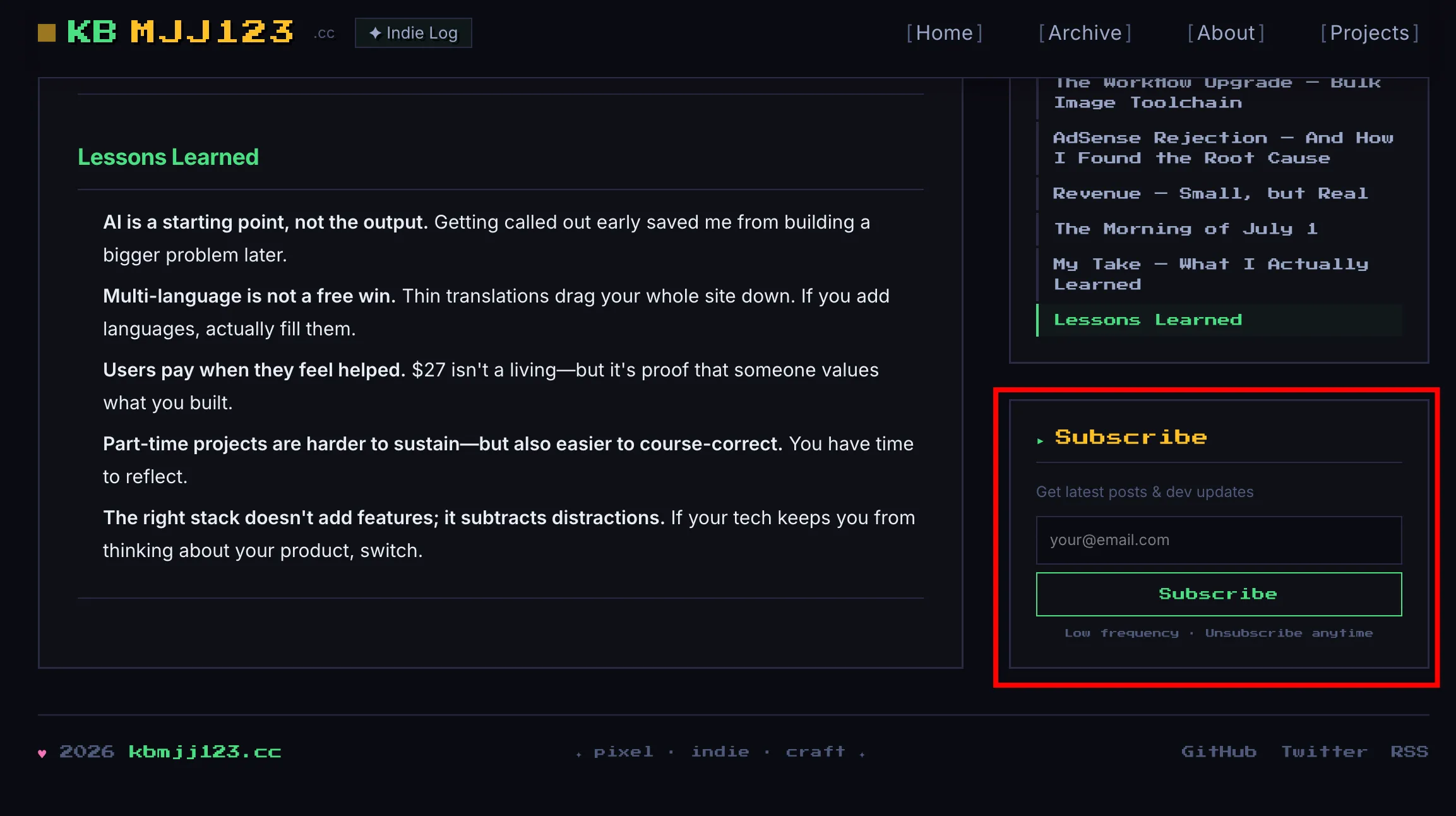 Sidebar subscription widget showing three states: idle form, success confirmation, and error message