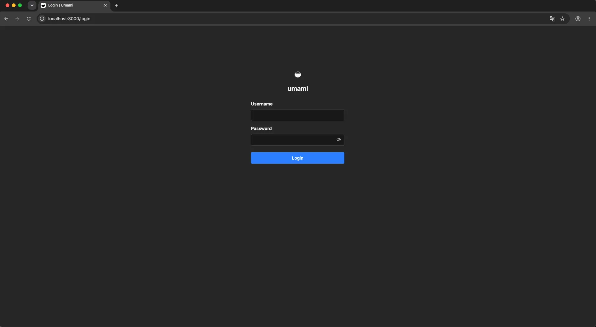 Umami login page running locally at localhost:3000 after successful database connection