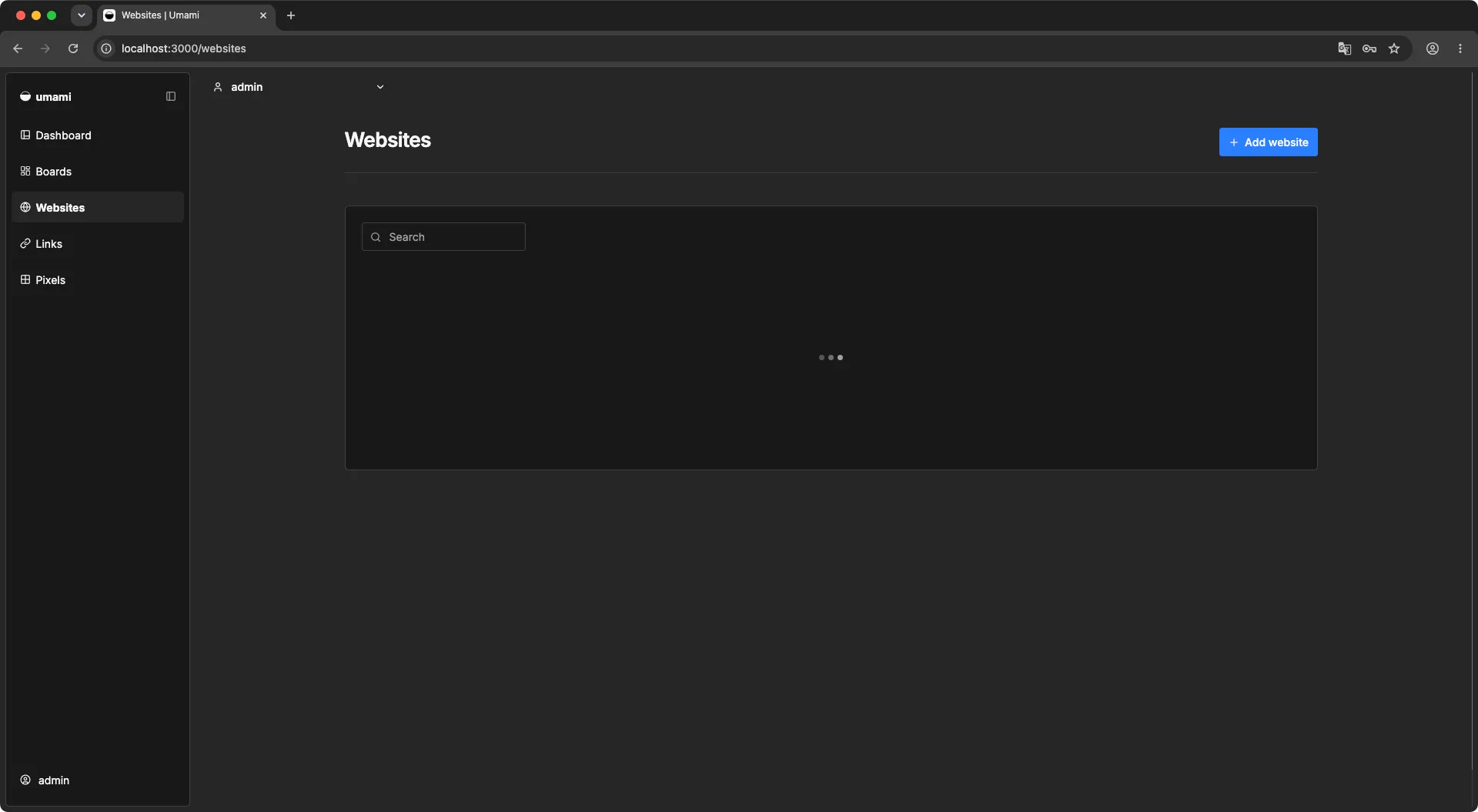 Umami dashboard after successful login, showing the analytics interface with a website added